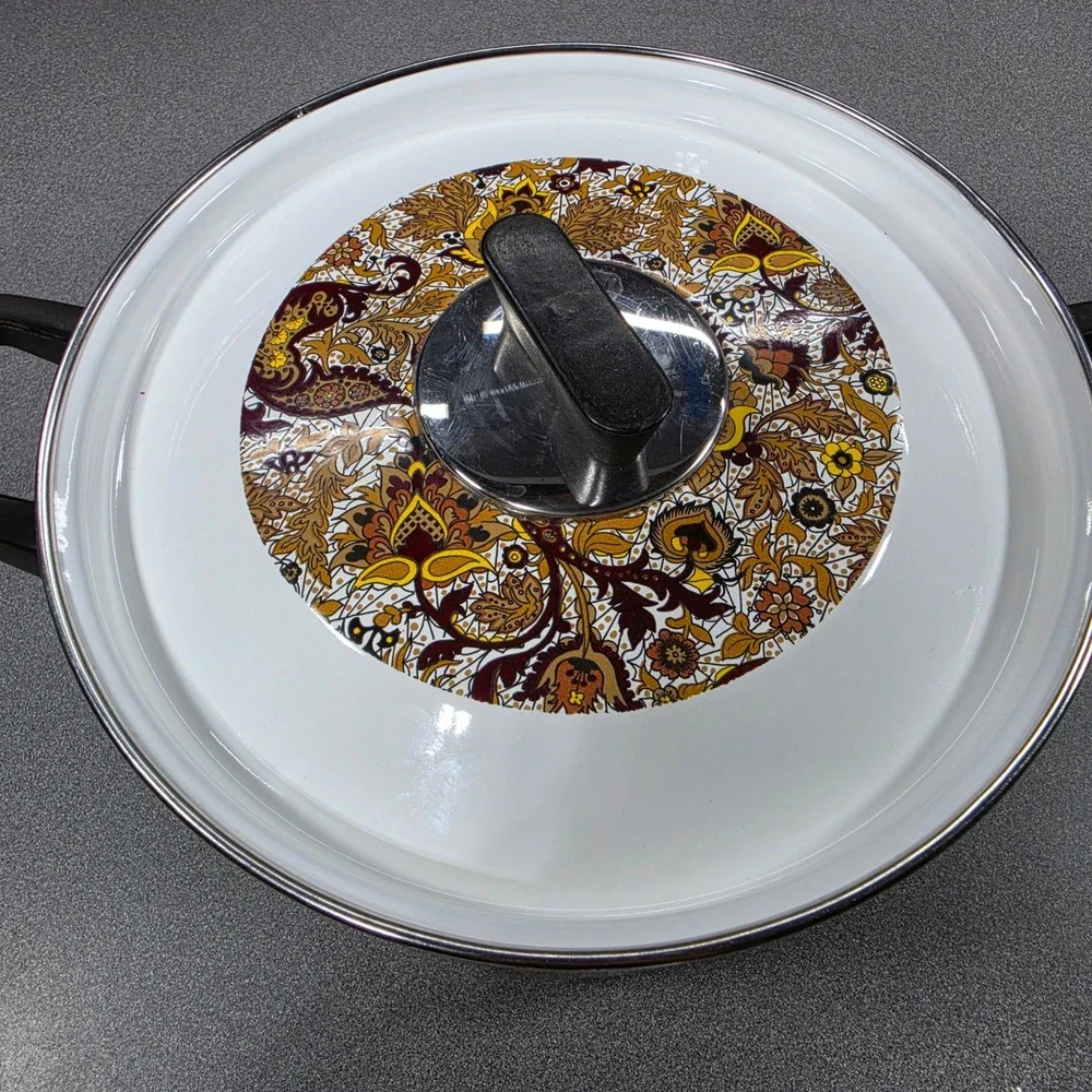 Vintage Fancipans‎ Enamelware Stockpot Set 2pc Brown Gold Paisley Floral 70s
